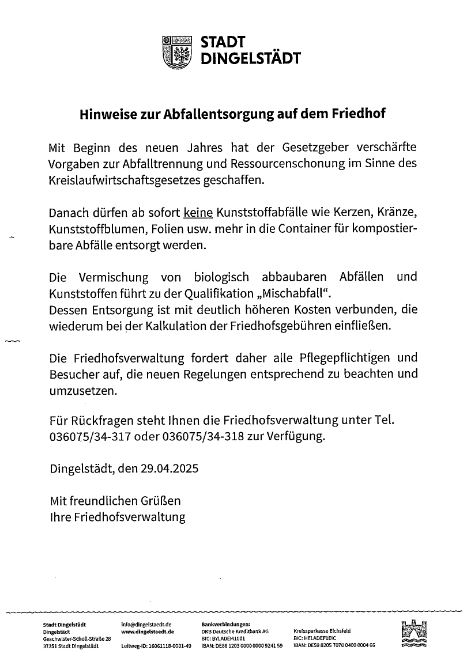 Hinweise zur Abfallentsorgung auf dem Friedhof